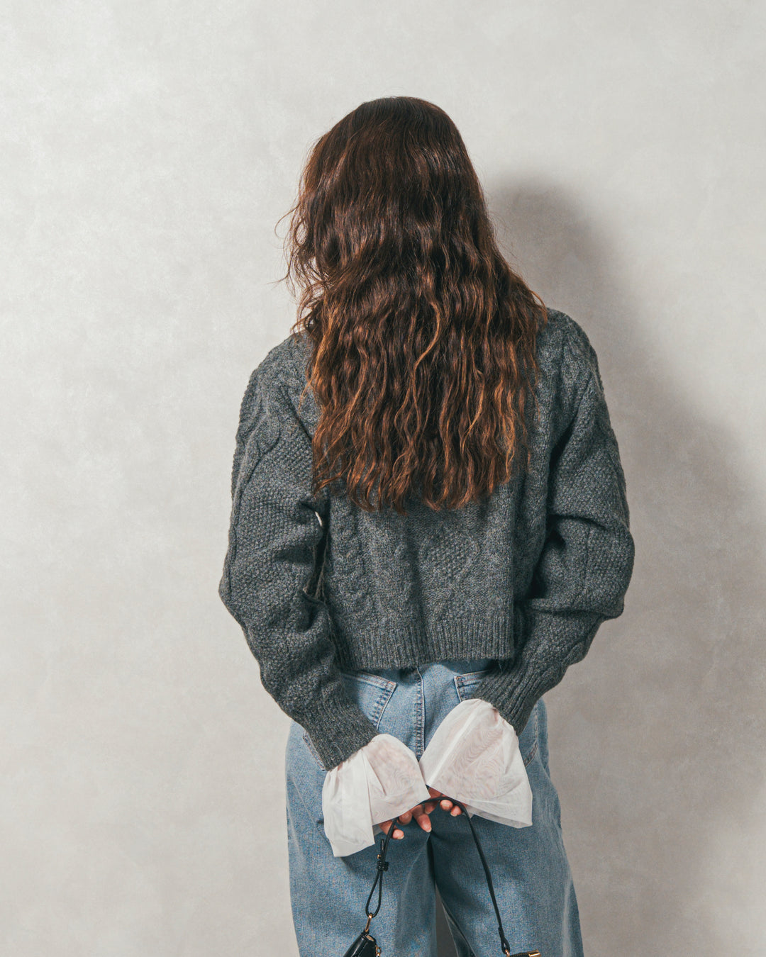 ［SET］ケーブルKnitクルーカーディガン+チュールスリーブRibトップス+センターシーム リラックスカラーデニム（3SET）