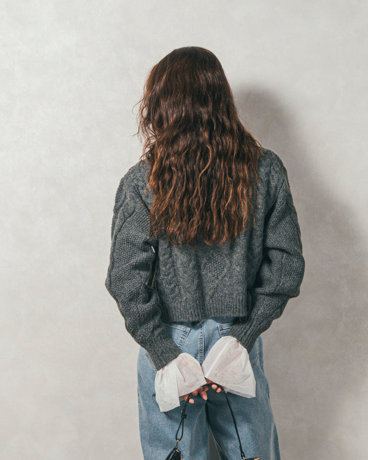［SET］ケーブルKnitクルーカーディガン+チュールスリーブRibトップス+センターシーム リラックスカラーデニム（3SET）