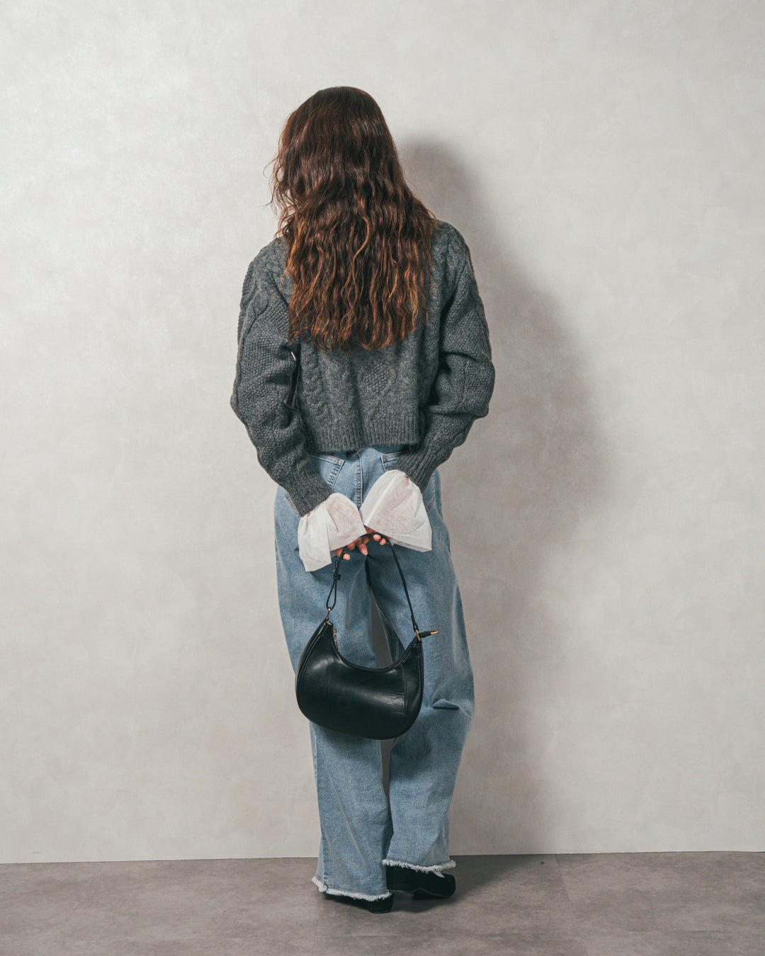 ［SET］ケーブルKnitクルーカーディガン+チュールスリーブRibトップス+センターシーム リラックスカラーデニム（3SET）