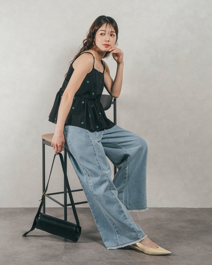 ［SET］Flower刺繍　ボリュームキャミ + 10oz ニュアンスバイカラー リラックスワイドデニム（2SET）