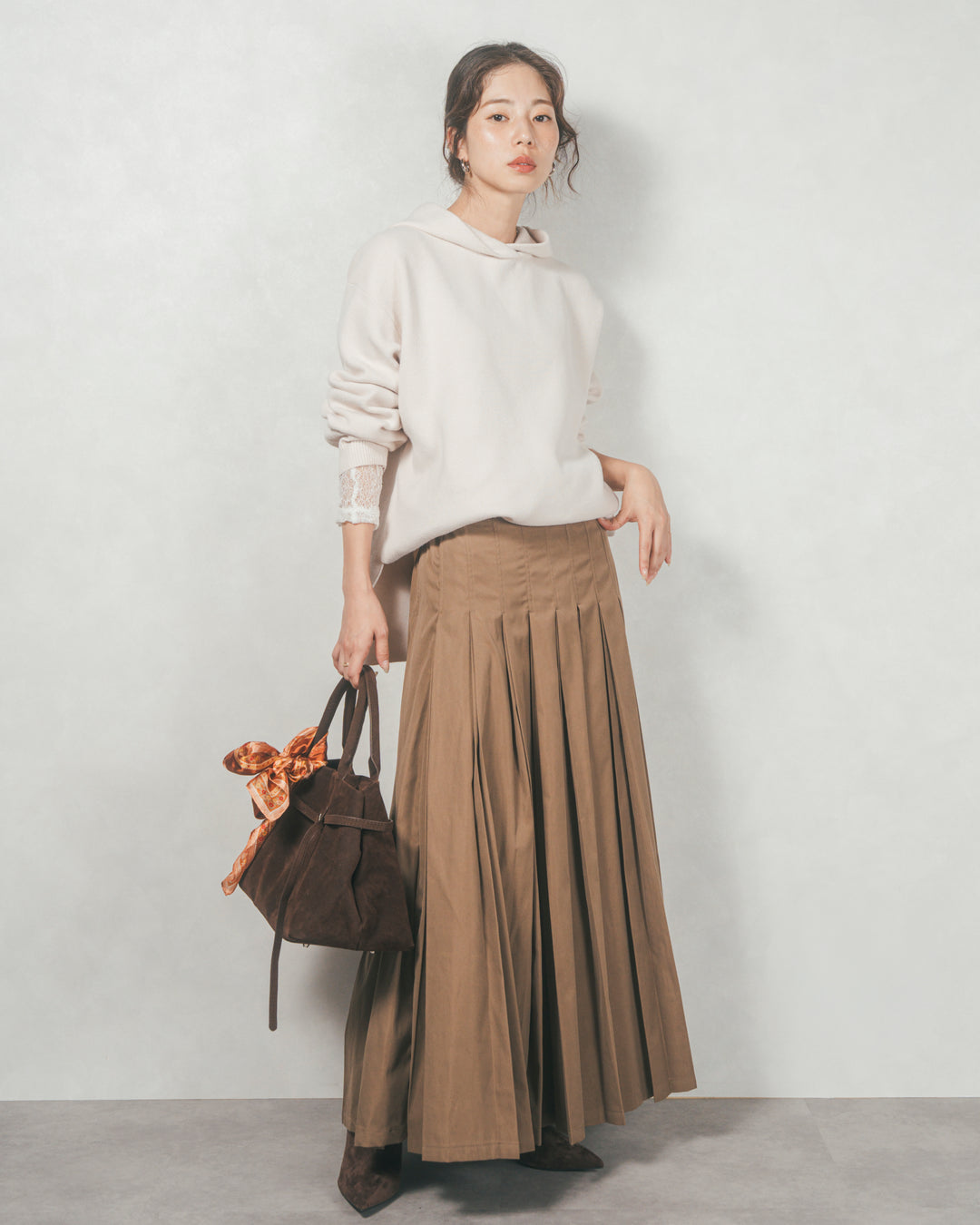 ［SET］Souffleニットフーディー+W-Tuckプリーツロングスカート（2SET）