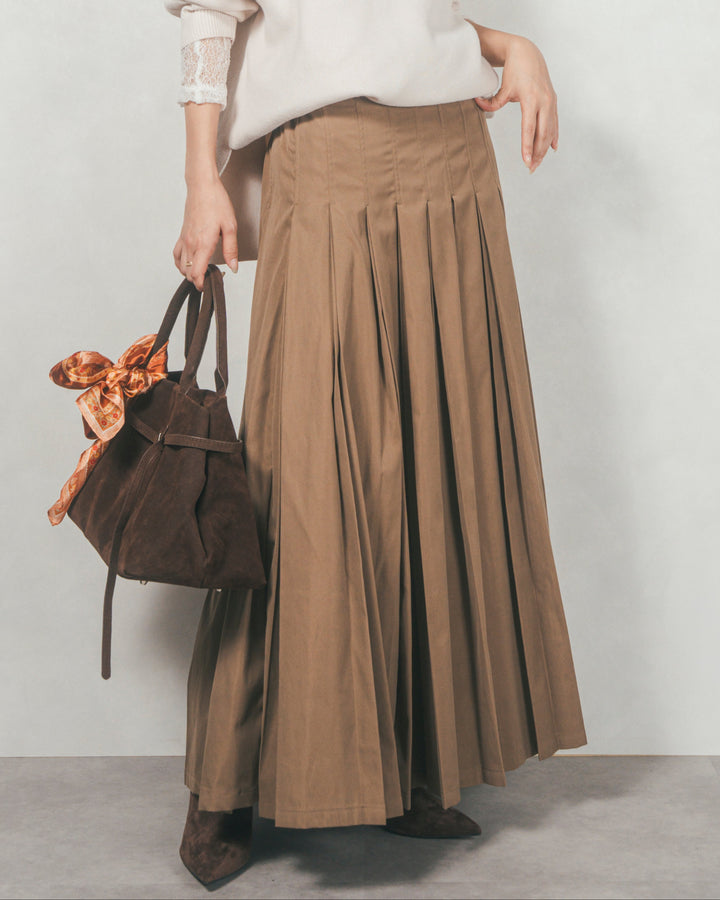 W-Tuckプリーツロングスカート (BROWN)