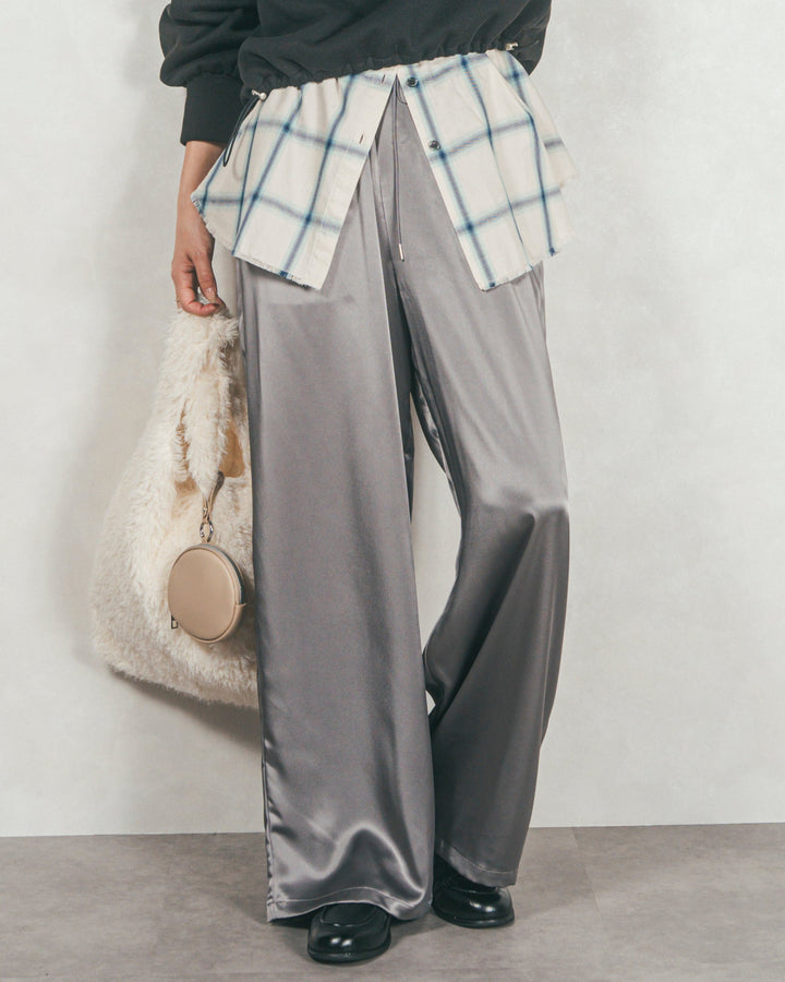 ［SET］裏起毛ハーフZipスウェット+Looseチェックシャツ+Relaxサテンパンツ