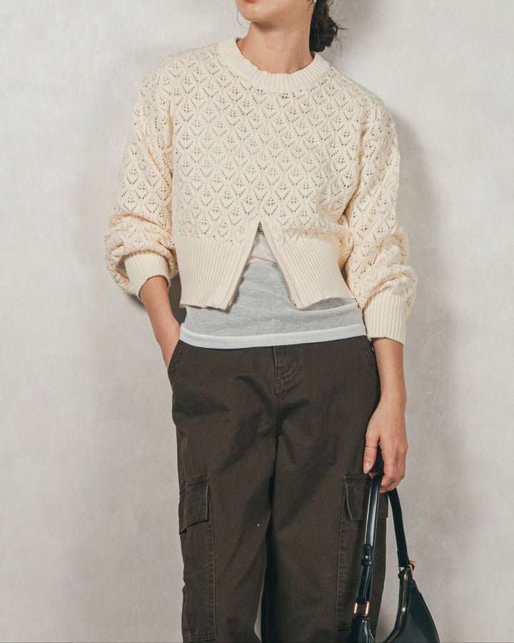 ［SET］透かし編みフロントスリットニット+ピグメントツイルカーゴパンツ（2SET）