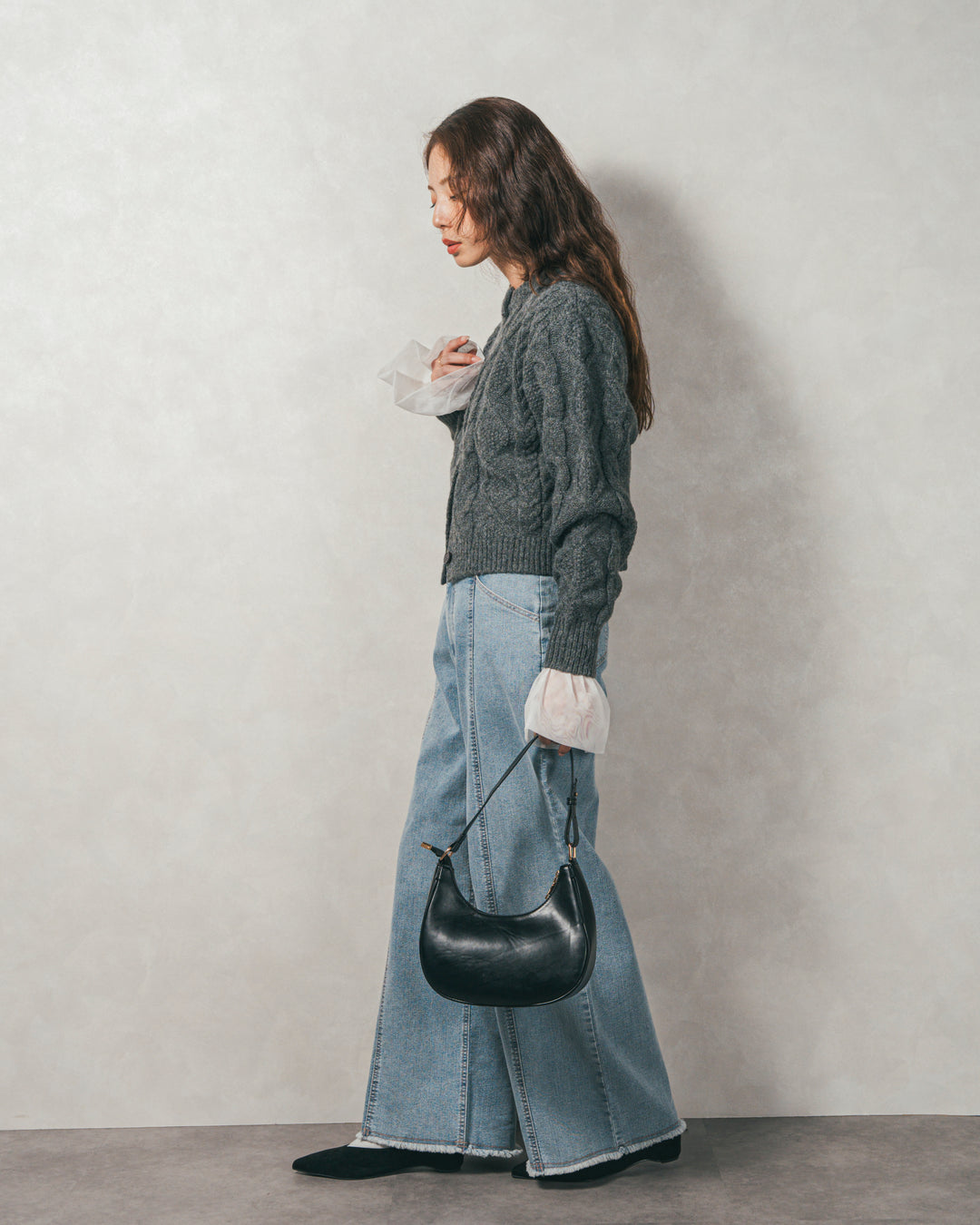 ［SET］ケーブルKnitクルーカーディガン+チュールスリーブRibトップス+センターシーム リラックスカラーデニム（3SET）