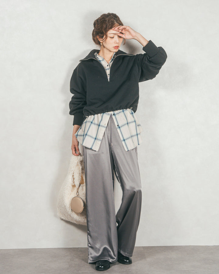 ［SET］裏起毛ハーフZipスウェット+Looseチェックシャツ+Relaxサテンパンツ