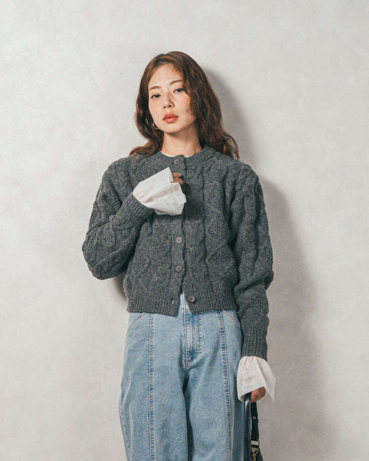 ［SET］ケーブルKnitクルーカーディガン+チュールスリーブRibトップス+センターシーム リラックスカラーデニム（3SET）