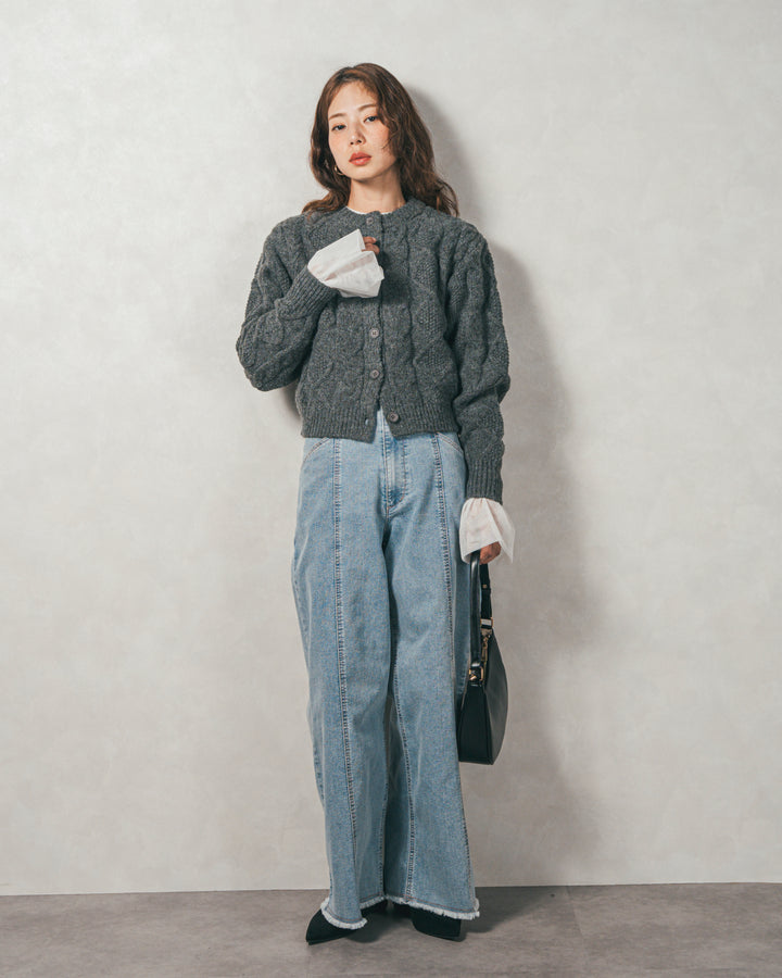 ［SET］ケーブルKnitクルーカーディガン+チュールスリーブRibトップス+センターシーム リラックスカラーデニム（3SET）