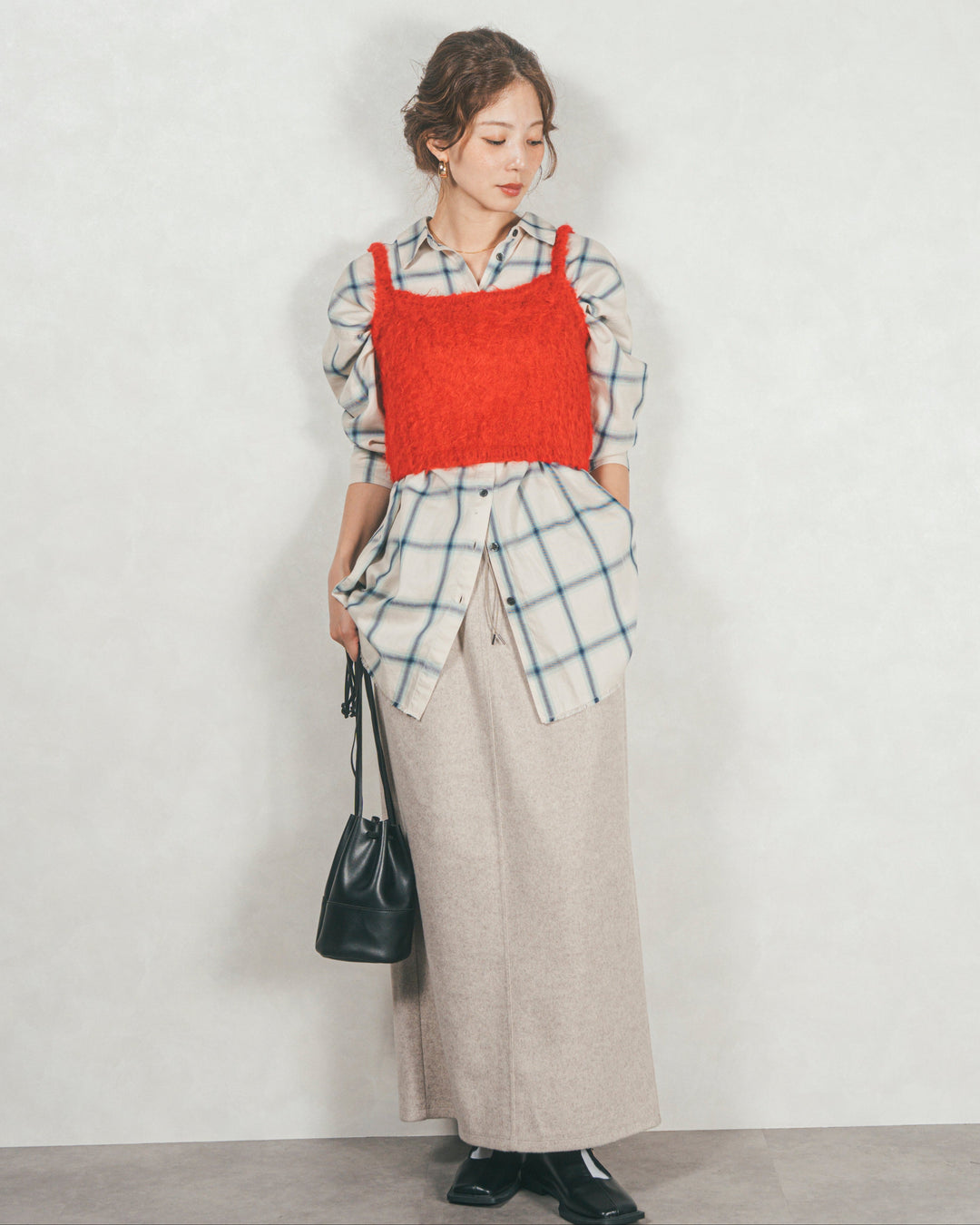 ［SET］Looseチェックシャツ+モヘアタッチKnitビスチェ