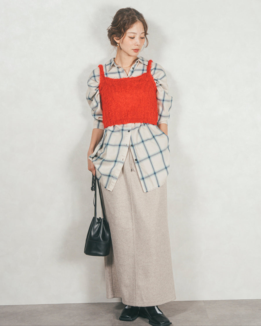 ［SET］Looseチェックシャツ+モヘアタッチKnitビスチェ