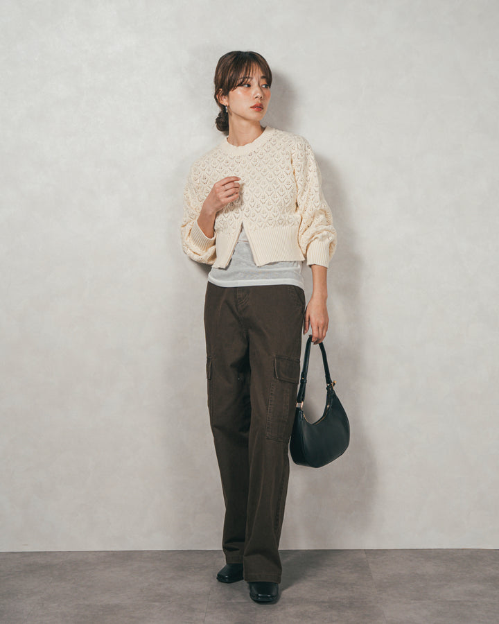 ［SET］透かし編みフロントスリットニット+ピグメントツイルカーゴパンツ（2SET）
