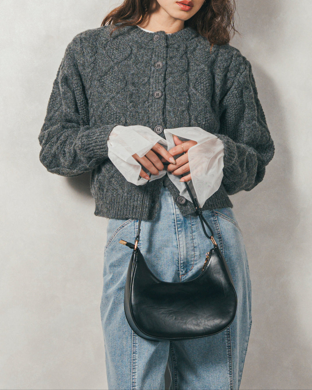 ［SET］ケーブルKnitクルーカーディガン+チュールスリーブRibトップス+センターシーム リラックスカラーデニム（3SET）