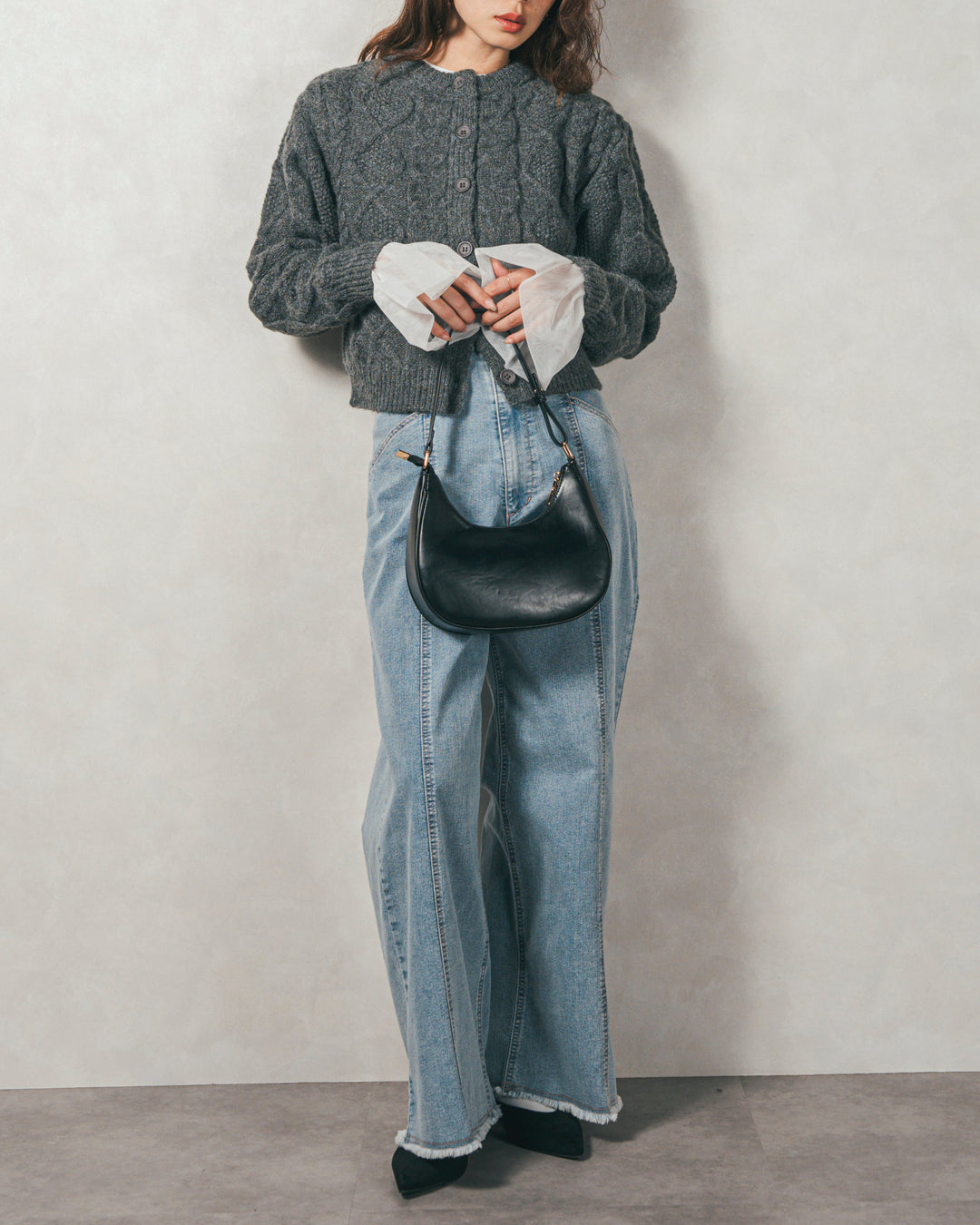 ［SET］ケーブルKnitクルーカーディガン+チュールスリーブRibトップス+センターシーム リラックスカラーデニム（3SET）