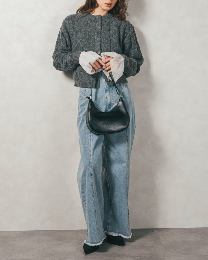 ［SET］ケーブルKnitクルーカーディガン+チュールスリーブRibトップス+センターシーム リラックスカラーデニム（3SET）