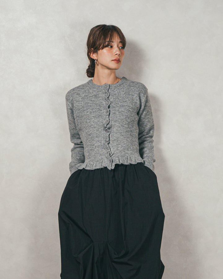 ［SET］フロントフリルメランジニットカーデ+ヴィンテージブロードランダムタックスカート（2SET）