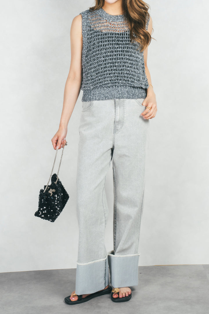 アジャストロールアップストレートデニム (GRAY)