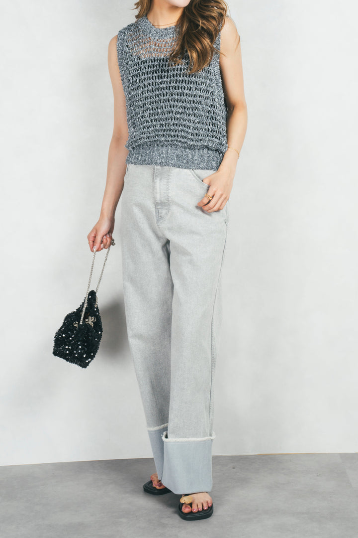 アジャストロールアップストレートデニム (GRAY)