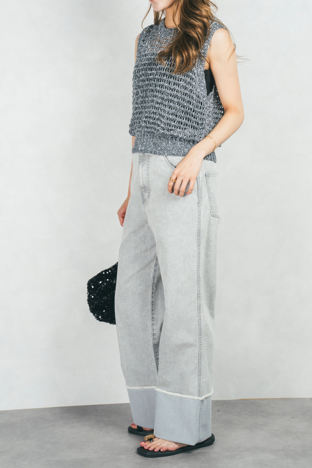 アジャストロールアップストレートデニム (GRAY)