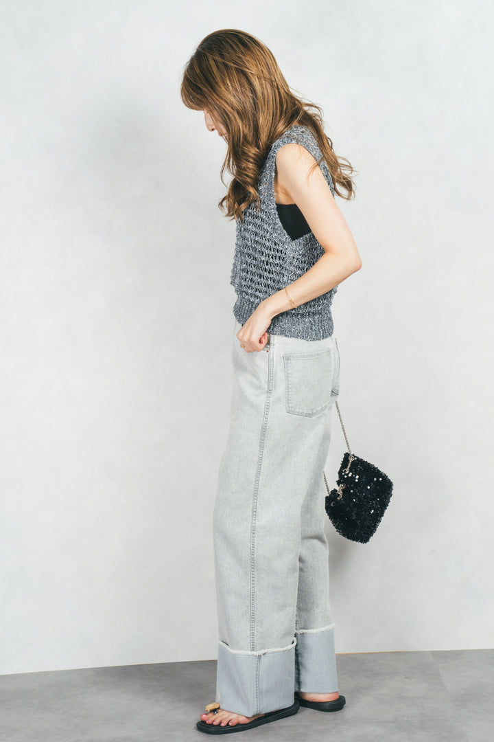 アジャストロールアップストレートデニム (GRAY)