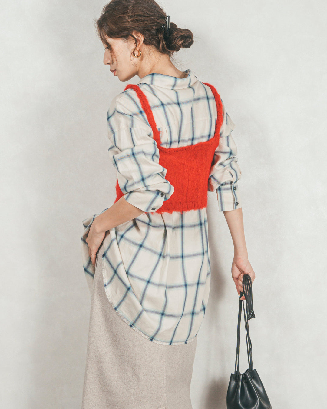 ［SET］Looseチェックシャツ+モヘアタッチKnitビスチェ