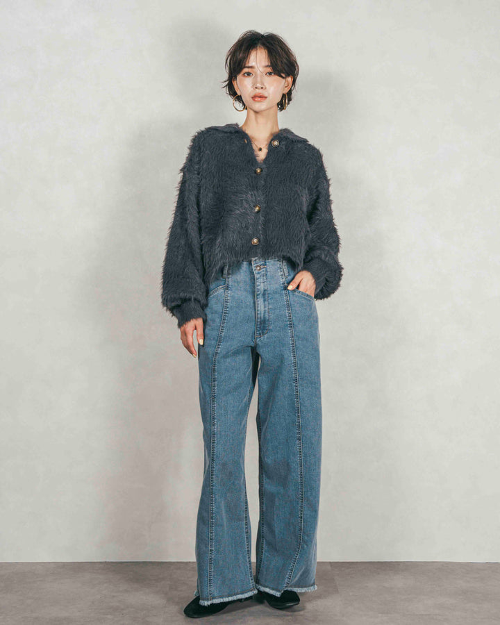 ［SET］フェザーヤーン 衿付きカーディガン+センターシーム リラックスワイドデニム（2SET）