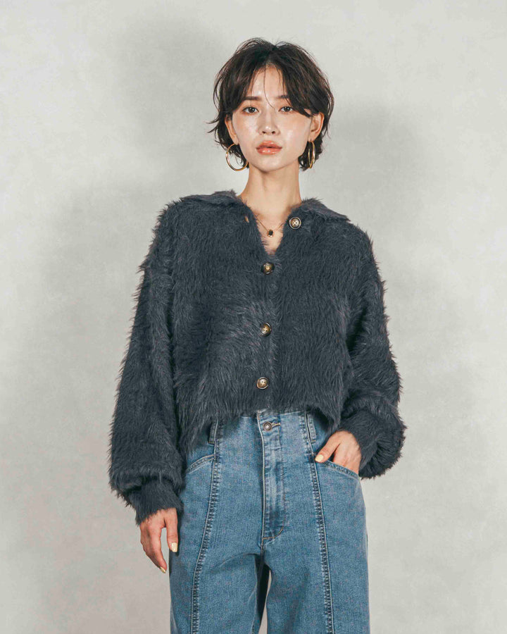 ［SET］フェザーヤーン 衿付きカーディガン+センターシーム リラックスワイドデニム（2SET）