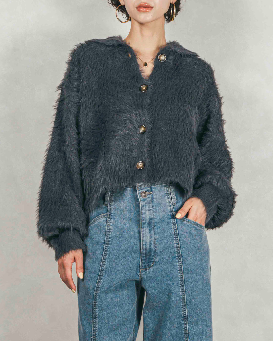 ［SET］フェザーヤーン 衿付きカーディガン+センターシーム リラックスワイドデニム（2SET）