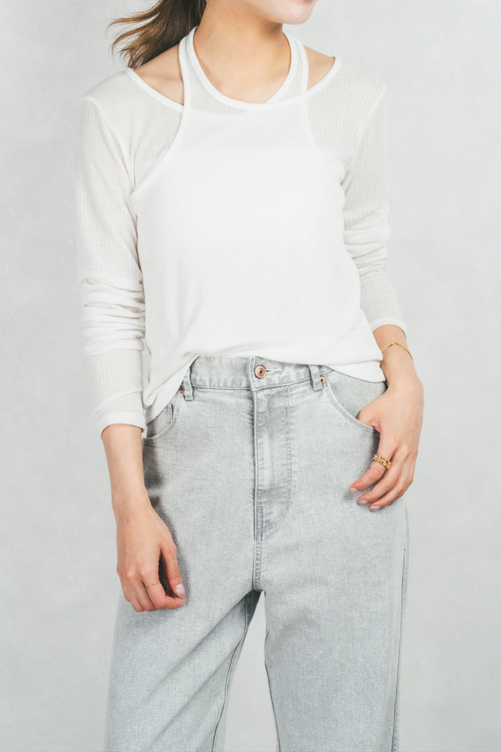 アジャストロールアップストレートデニム (GRAY)