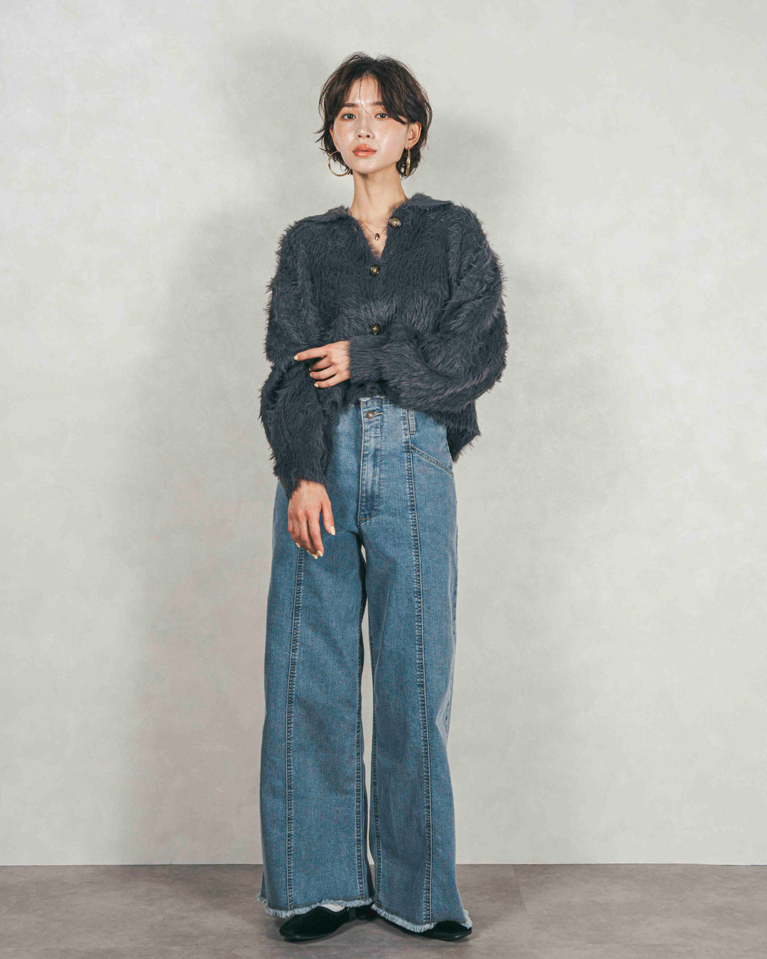 ［SET］フェザーヤーン 衿付きカーディガン+センターシーム リラックスワイドデニム（2SET）