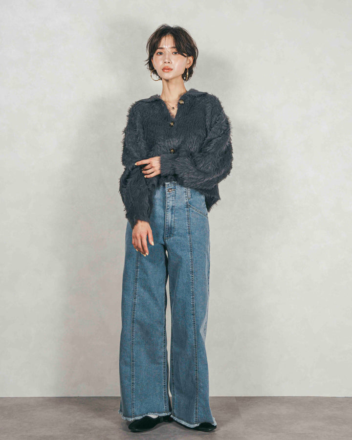 ［SET］フェザーヤーン 衿付きカーディガン+センターシーム リラックスワイドデニム（2SET）