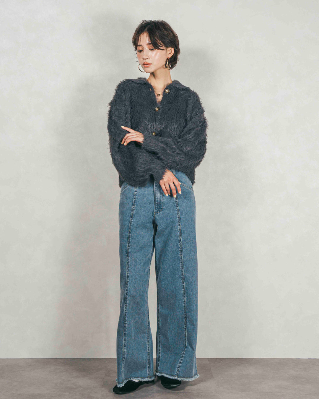 ［SET］フェザーヤーン 衿付きカーディガン+センターシーム リラックスワイドデニム（2SET）