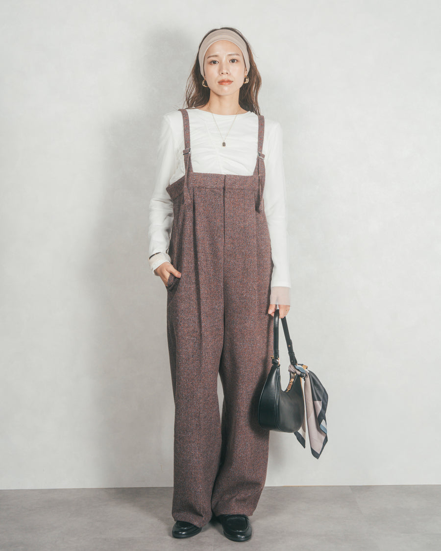 ［SET］【2枚SET】チュールシャーリングトップス＆リブトップス+Tweedベロアサロペット（2SET）