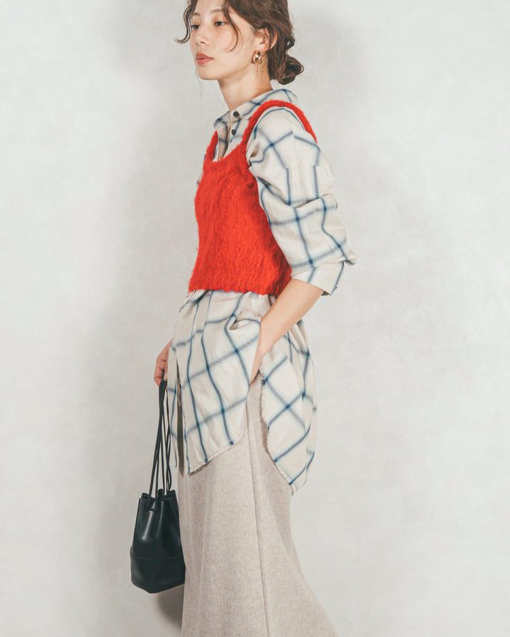 ［SET］Looseチェックシャツ+モヘアタッチKnitビスチェ