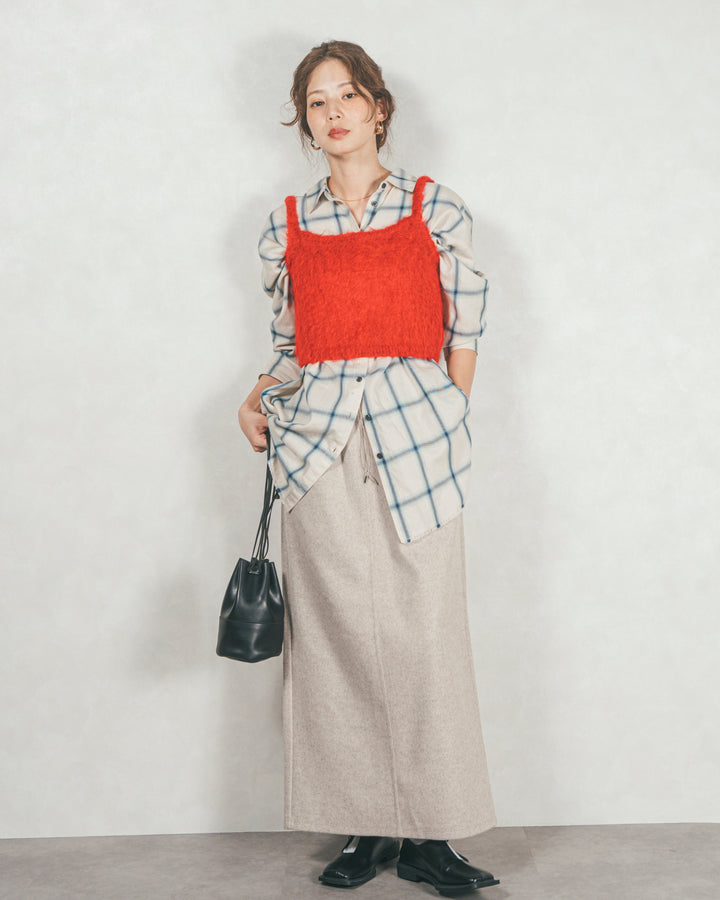 ［SET］Looseチェックシャツ+モヘアタッチKnitビスチェ+Smoothニットソー Narrowスカート