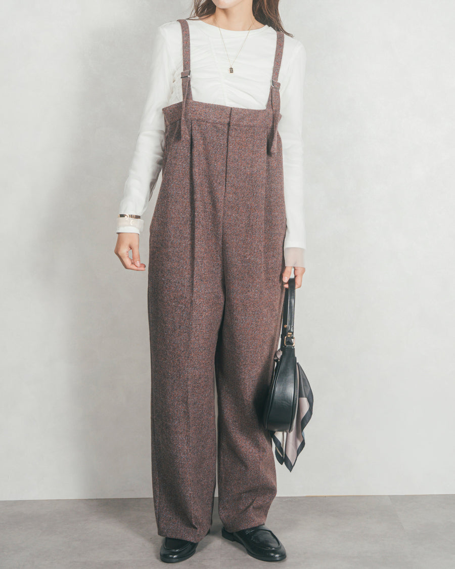 ［SET］【2枚SET】チュールシャーリングトップス＆リブトップス+Tweedベロアサロペット（2SET）