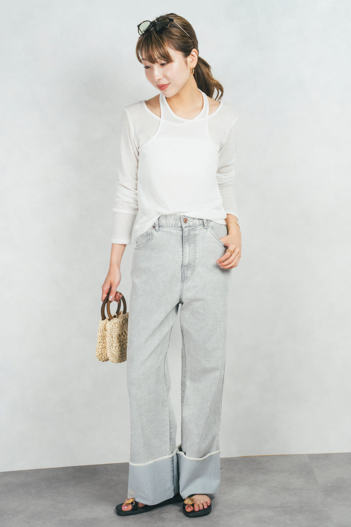 アジャストロールアップストレートデニム (GRAY)