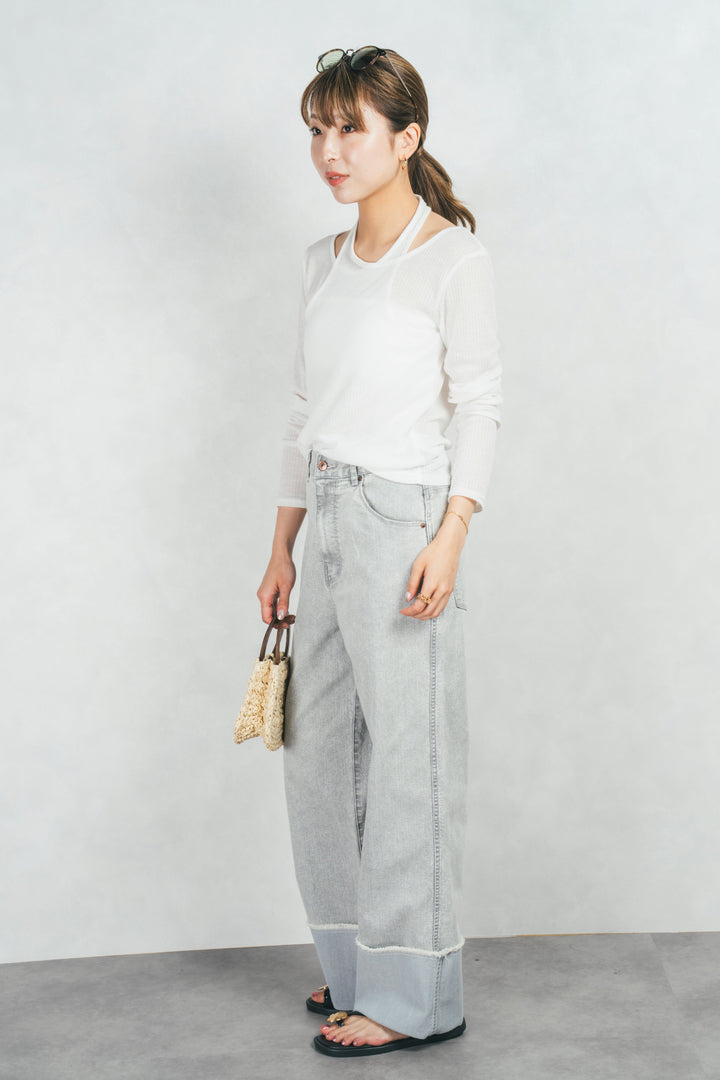 アジャストロールアップストレートデニム (GRAY)