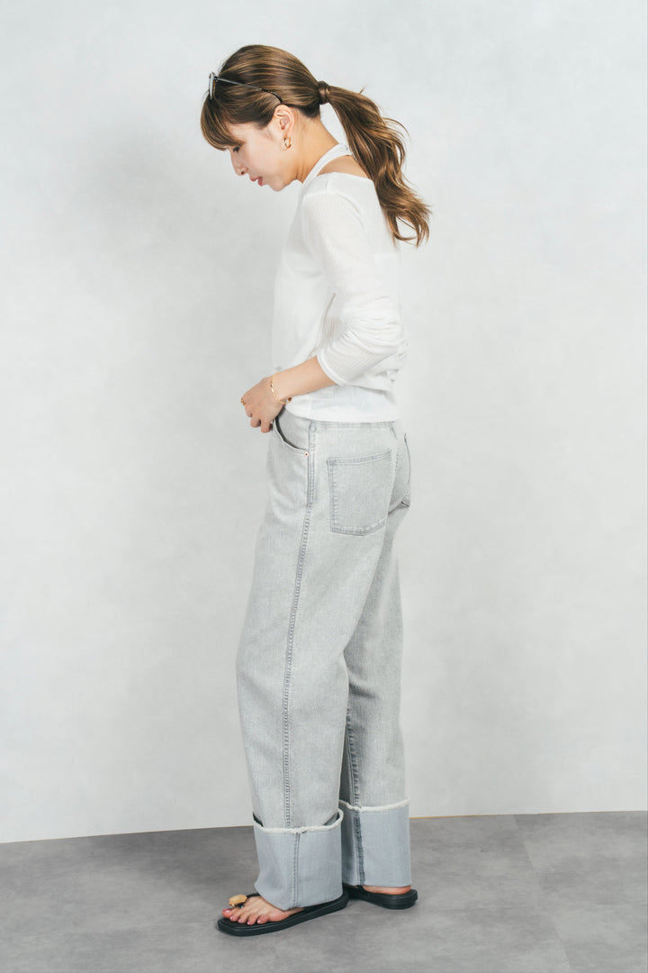アジャストロールアップストレートデニム (GRAY)