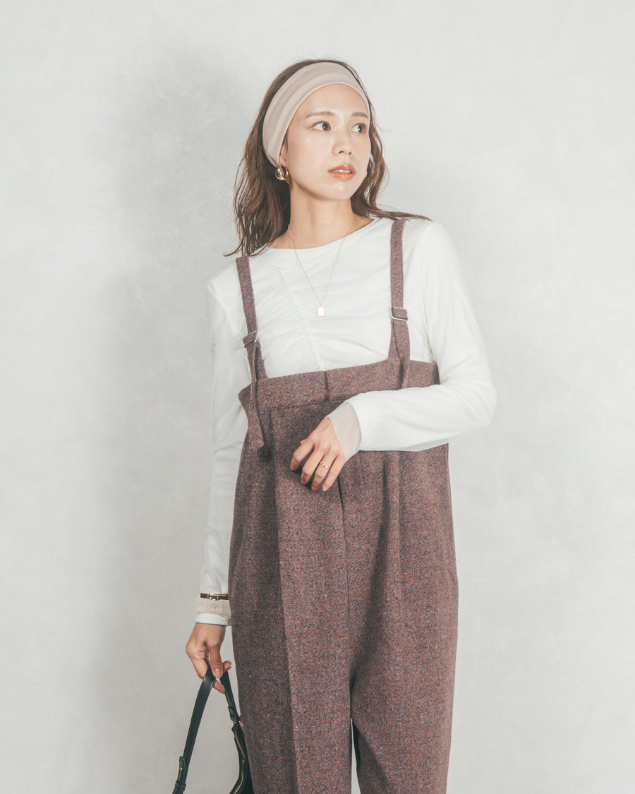 ［SET］【2枚SET】チュールシャーリングトップス＆リブトップス+Tweedベロアサロペット（2SET）