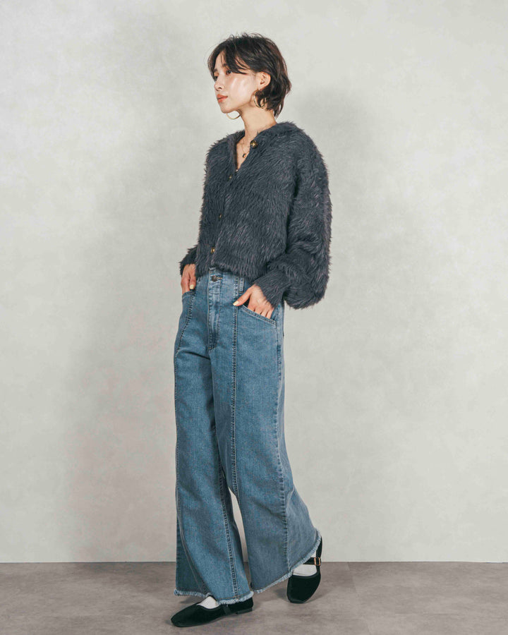 フェザーヤーン 衿付きカーディガン (CHACOAL)