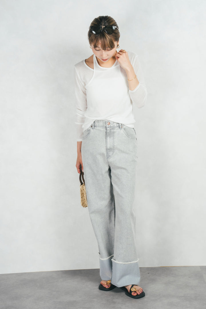 アジャストロールアップストレートデニム (GRAY)