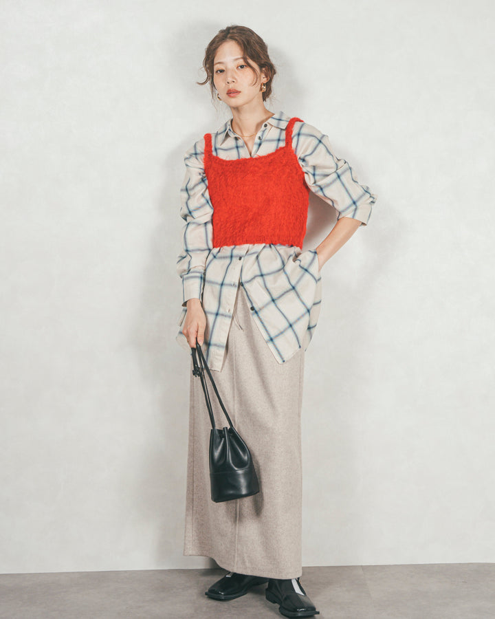 ［SET］Looseチェックシャツ+モヘアタッチKnitビスチェ+Smoothニットソー Narrowスカート