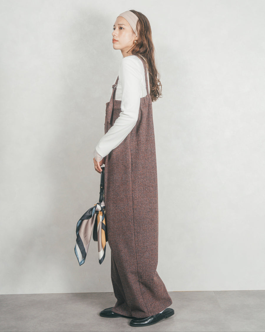 ［SET］【2枚SET】チュールシャーリングトップス＆リブトップス+Tweedベロアサロペット（2SET）