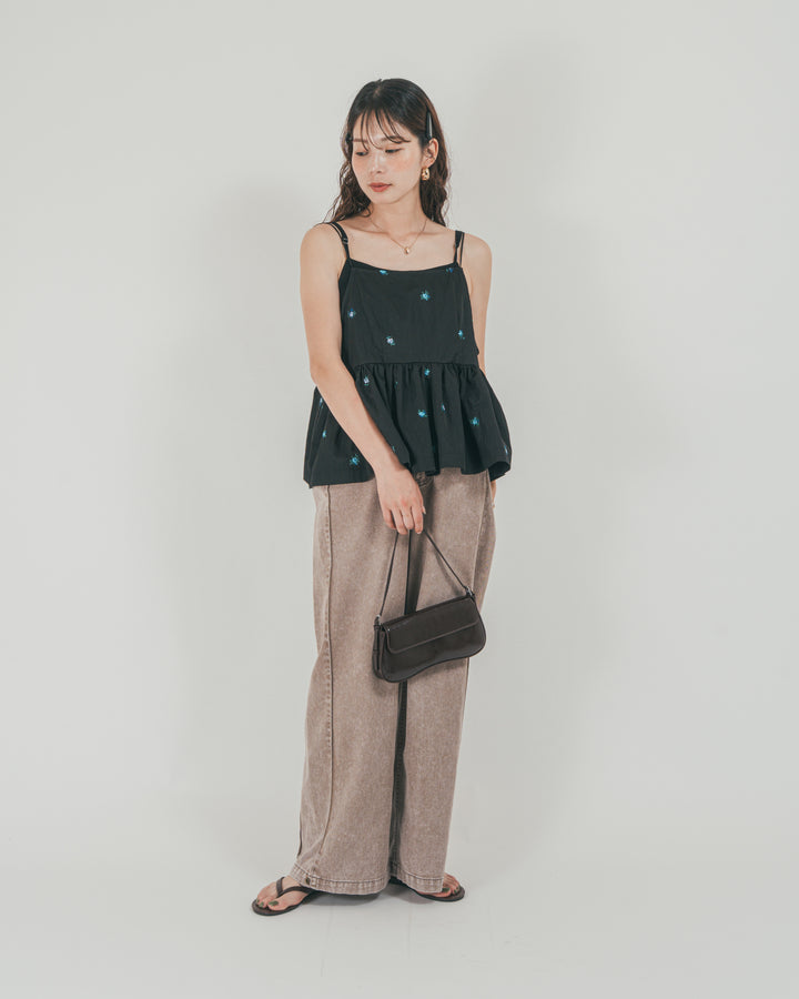 ［SET］Flower刺繍　ボリュームキャミ + 10oz サイドタック リラックスデニムパンツ（2SET）