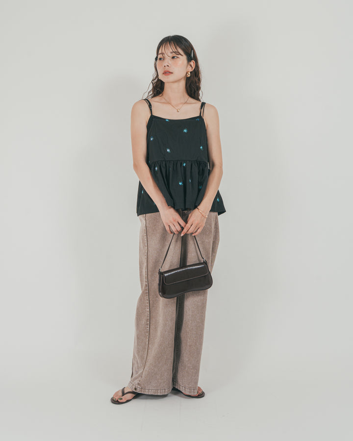 ［SET］Flower刺繍　ボリュームキャミ + 10oz サイドタック リラックスデニムパンツ（2SET）