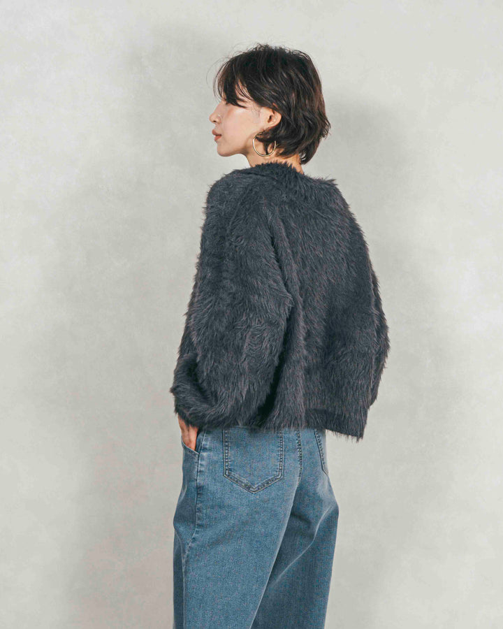 ［SET］フェザーヤーン 衿付きカーディガン+センターシーム リラックスワイドデニム（2SET）