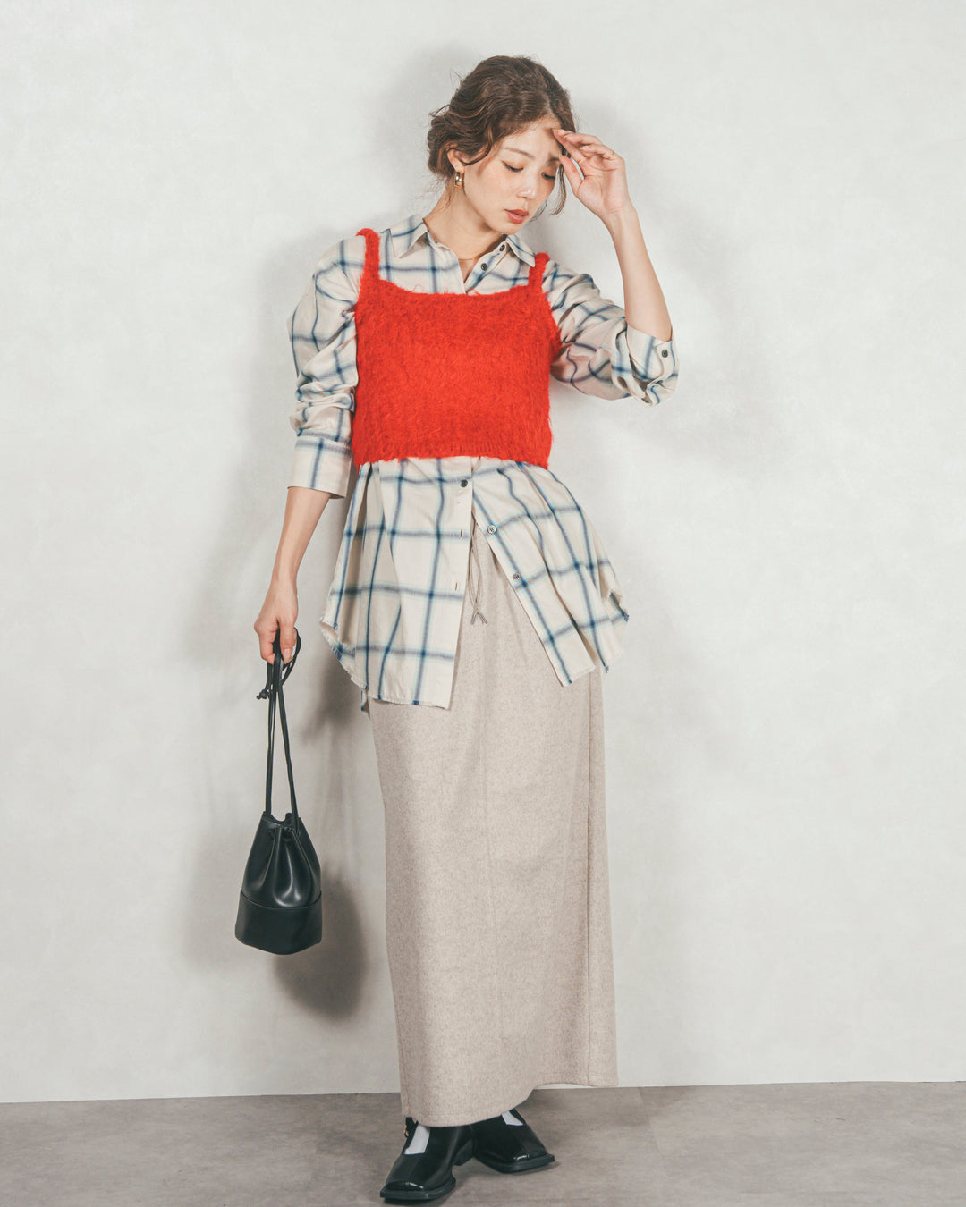 ［SET］Looseチェックシャツ+モヘアタッチKnitビスチェ+Smoothニットソー Narrowスカート