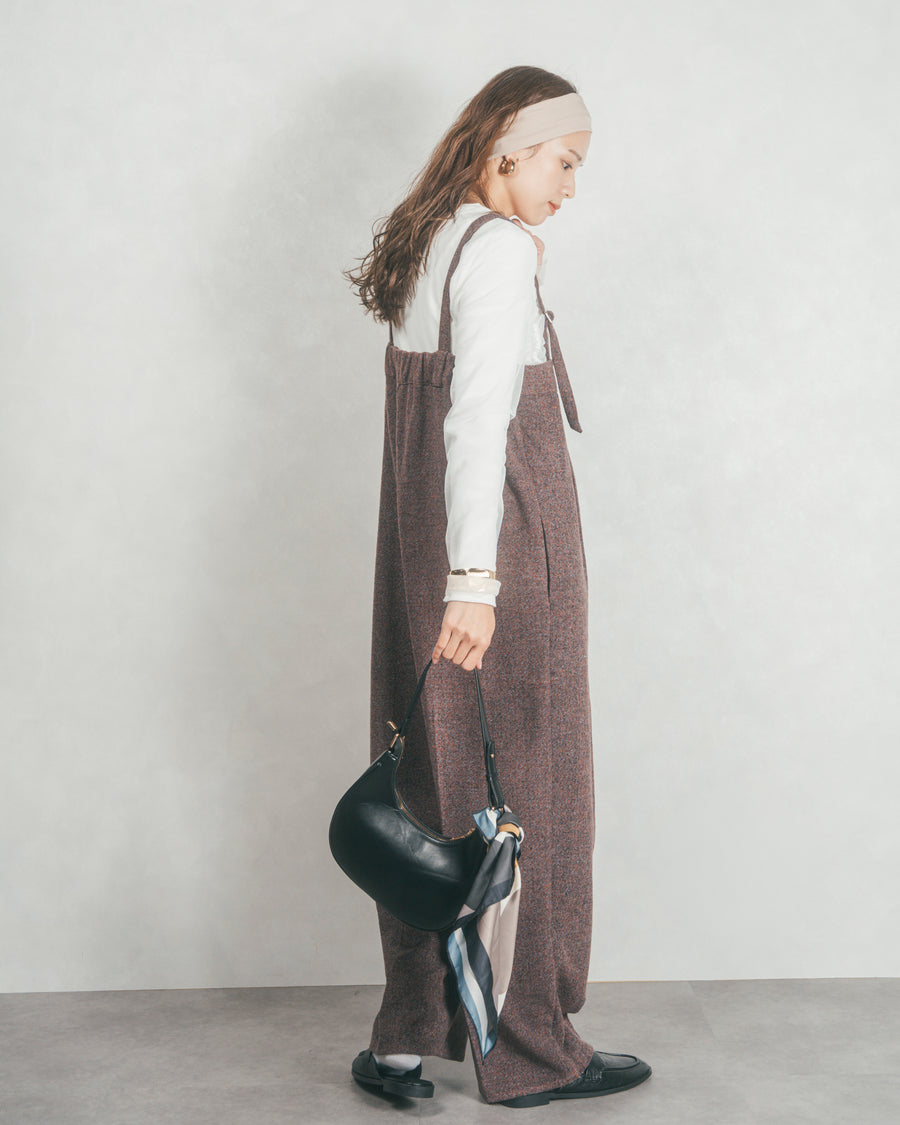 ［SET］【2枚SET】チュールシャーリングトップス＆リブトップス+Tweedベロアサロペット（2SET）