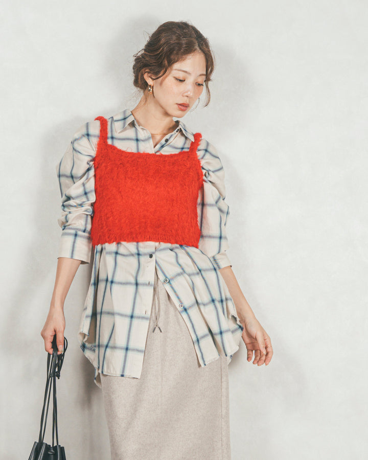 ［SET］Looseチェックシャツ+モヘアタッチKnitビスチェ