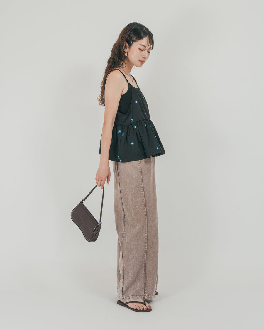 ［SET］Flower刺繍　ボリュームキャミ + 10oz サイドタック リラックスデニムパンツ（2SET）